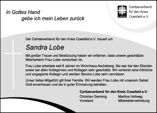 Traueranzeige von Sandra Lobe von Ruhr Nachrichten