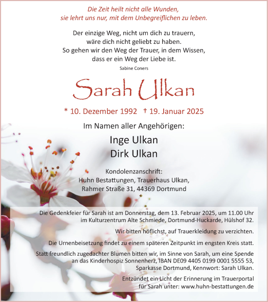 Traueranzeige von Sarah Ulkan von Ruhr Nachrichten