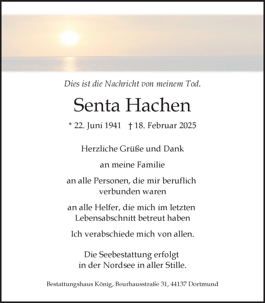  Traueranzeige für Senta Hachen vom 01.03.2025 aus Ruhr Nachrichten