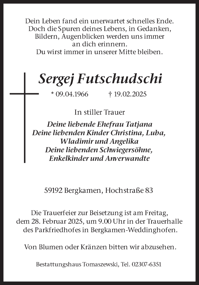  Traueranzeige für Sergej Futschudschi vom 25.02.2025 aus Hellweger Anzeiger