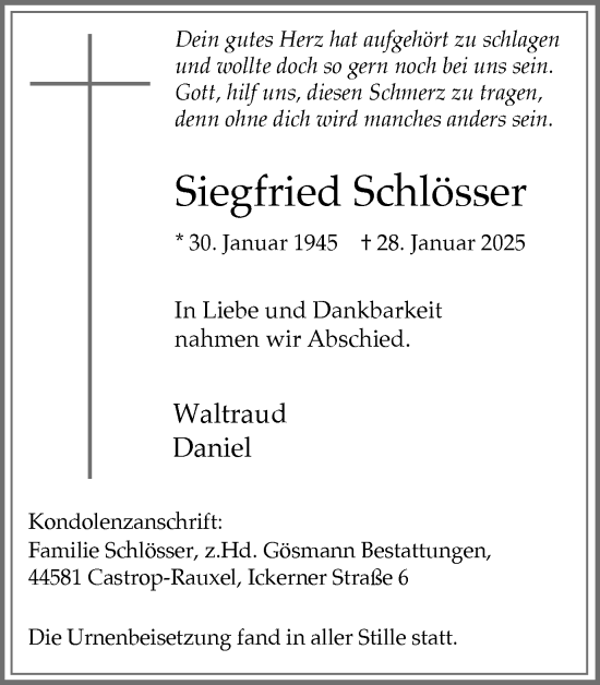 Traueranzeige von Siegfried Schlösser von Stadtanzeiger Castrop-Rauxel
