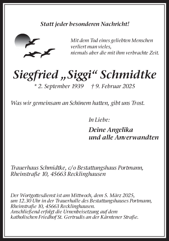 Traueranzeige von Siegfried Schmidtke von Trauer Vest