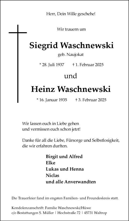 Traueranzeige von Siegrid und Heinz Waschnewski von Trauer Vest