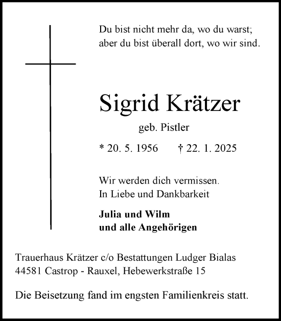 Traueranzeige von Sigrid Krätzer von Stadtanzeiger Castrop-Rauxel