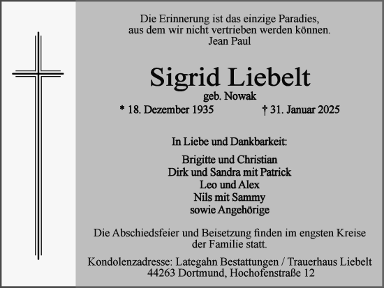 Traueranzeige von Sigrid Liebelt von Ruhr Nachrichten
