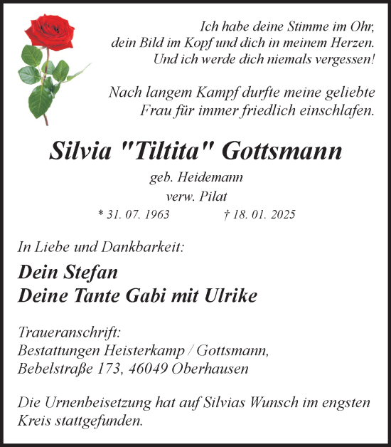 Traueranzeige von Silvia Gottsmann von Ruhr Nachrichten