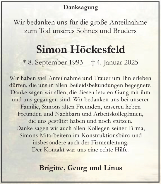 Traueranzeige von Simon Höckesfeld von Münsterland Zeitung