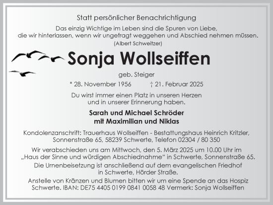 Traueranzeige von Sonja Wollseiffen von Ruhr Nachrichten