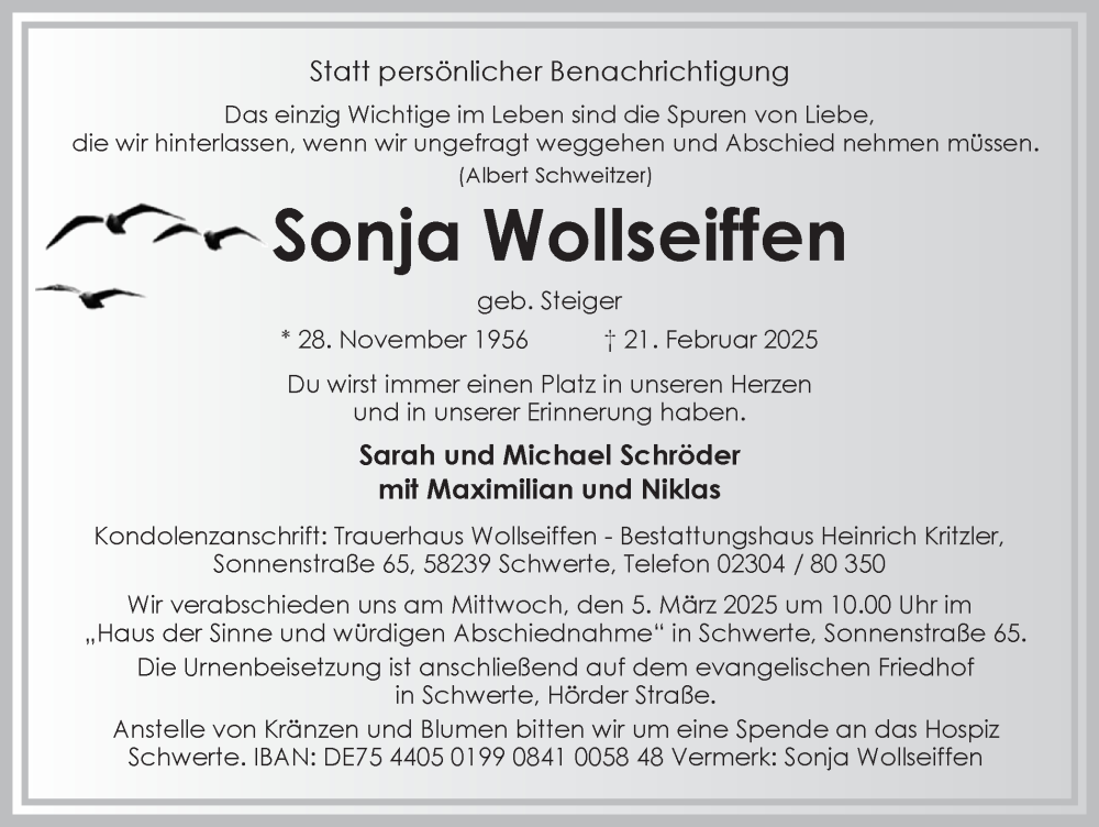  Traueranzeige für Sonja Wollseiffen vom 01.03.2025 aus Ruhr Nachrichten