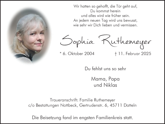 Traueranzeige von Sophia Ruthemeyer von Trauer Vest