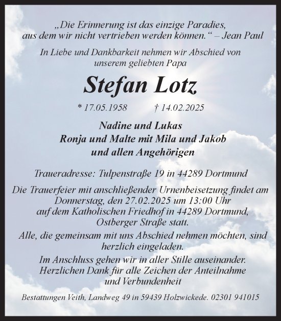 Traueranzeige von Stefan Lotz von Hellweger Anzeiger