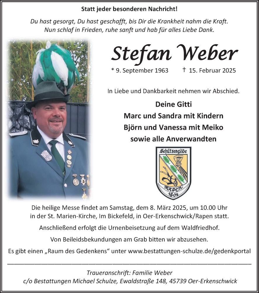  Traueranzeige für Stefan Weber vom 22.02.2025 aus Trauer Vest