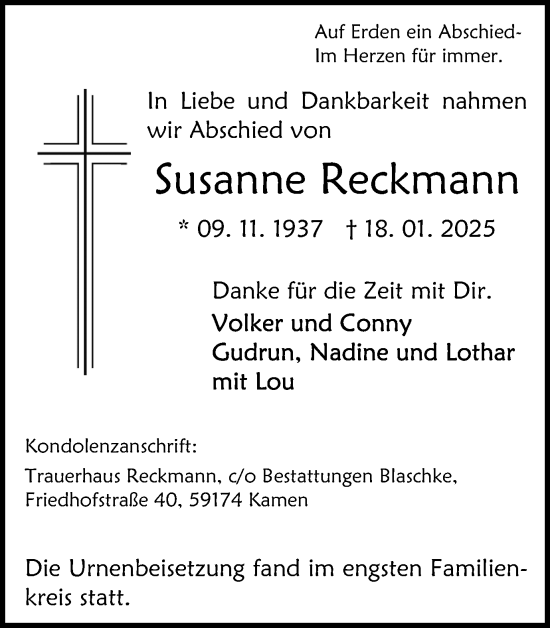 Traueranzeige von Susanne Reckmann von Hellweger Anzeiger