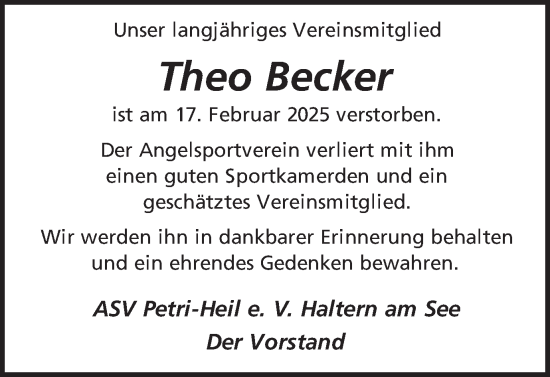 Traueranzeige von Theo Becker von Ruhr Nachrichten und Halterner Zeitung
