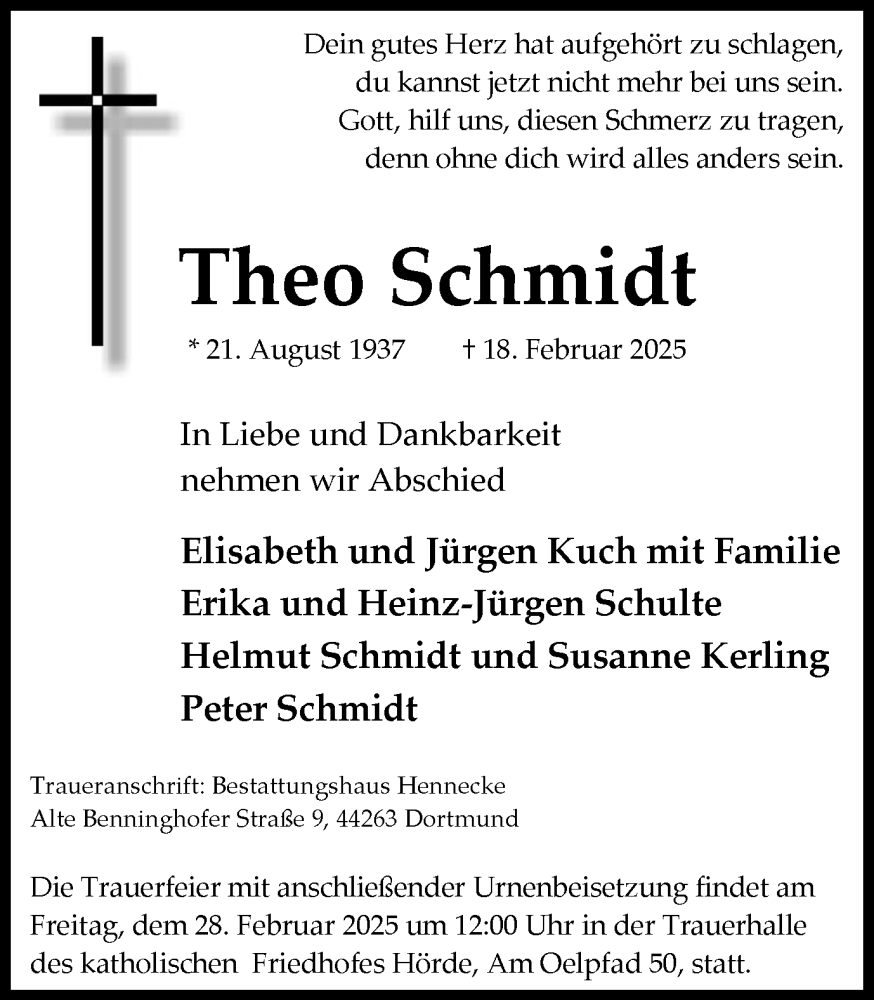  Traueranzeige für Theo Schmidt vom 22.02.2025 aus Ruhr Nachrichten