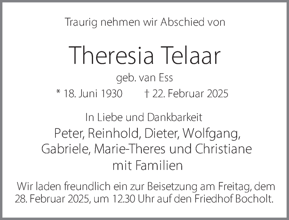  Traueranzeige für Theresia Telaar vom 26.02.2025 aus 