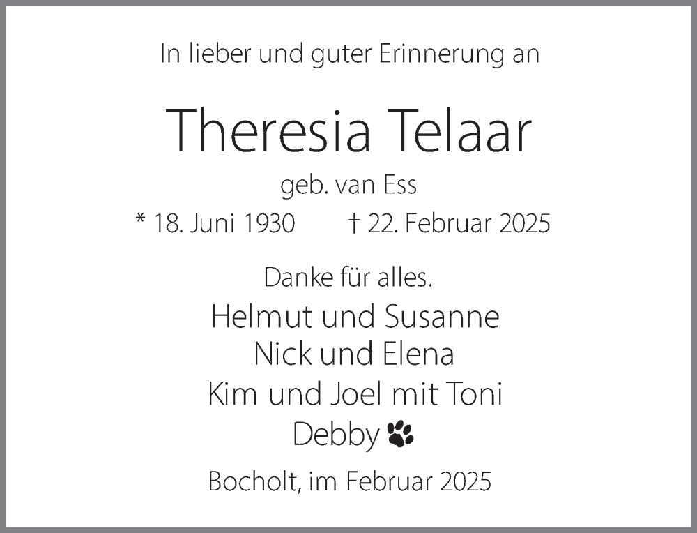  Traueranzeige für Theresia Telaar vom 26.02.2025 aus 