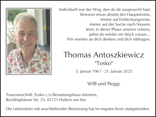 Traueranzeige von Thomas Antoszkiewicz von Ruhr Nachrichten und Halterner Zeitung