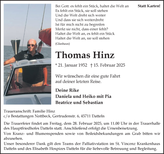 Traueranzeige von Thomas Hinz von Trauer Vest