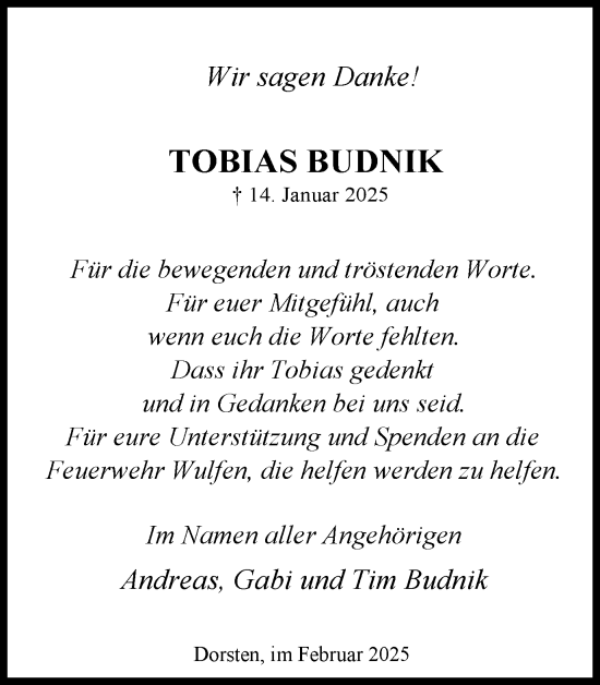 Traueranzeige von Tobias Budnik von Ruhr Nachrichten und Dorstener Zeitung