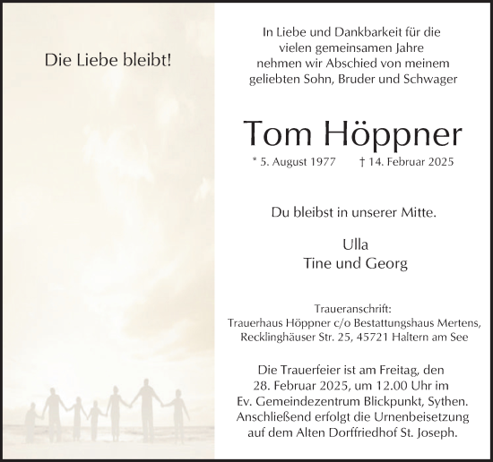 Traueranzeige von Tom Höppner von Ruhr Nachrichten und Halterner Zeitung