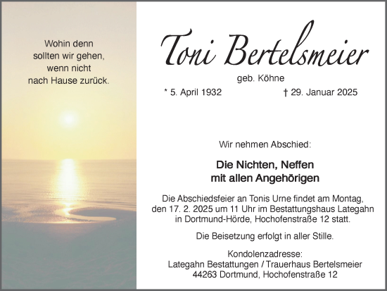 Traueranzeige von Toni Bertelsmeier von Ruhr Nachrichten
