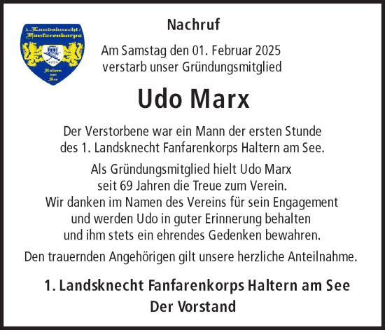 Traueranzeige von Udo Marx von Ruhr Nachrichten und Halterner Zeitung