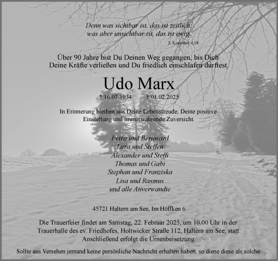 Traueranzeige von Udo Marx von Ruhr Nachrichten und Halterner Zeitung