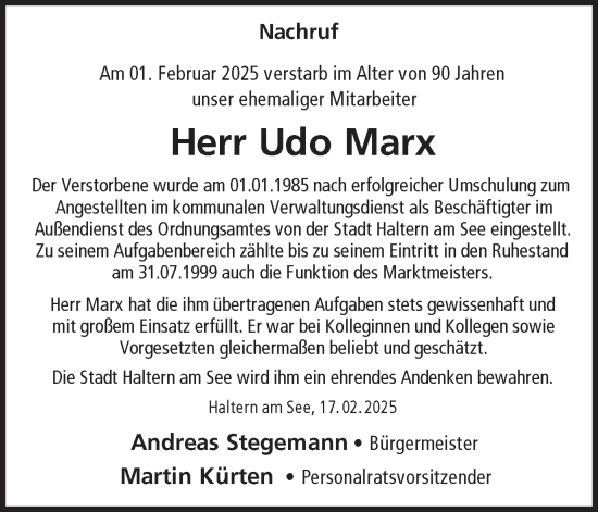 Traueranzeige von Udo Marx von Ruhr Nachrichten und Halterner Zeitung