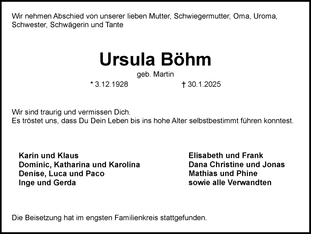  Traueranzeige für Ursula Böhm vom 08.02.2025 aus Trauer Vest