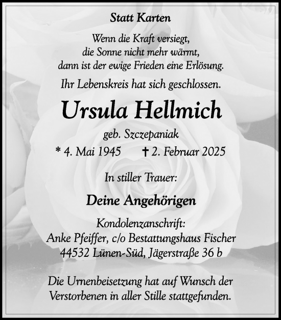 Traueranzeige von Ursula Hellmich von Lüner Anzeiger
