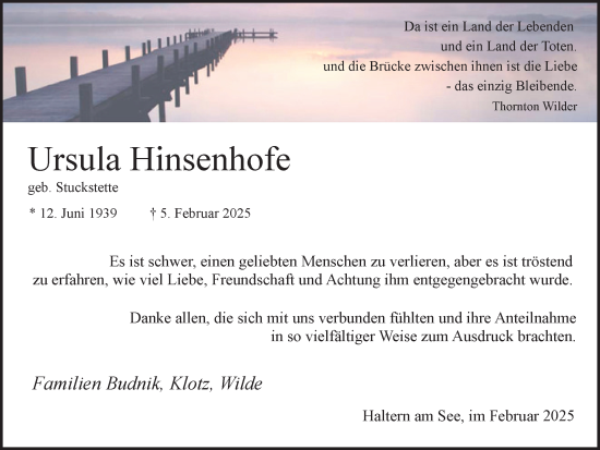 Traueranzeige von Ursula Hinsenhofe von Ruhr Nachrichten und Halterner Zeitung