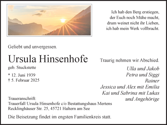 Traueranzeige von Ursula Hinsenhofe von Ruhr Nachrichten und Halterner Zeitung