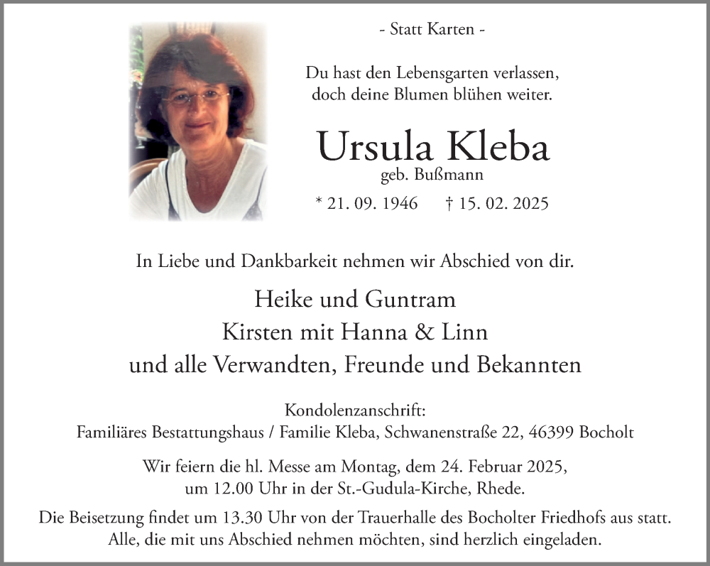 Traueranzeige für Ursula Kleba vom 20.02.2025 aus 