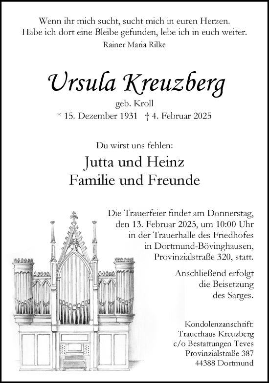 Traueranzeige von Ursula Kreuzberg von Ruhr Nachrichten