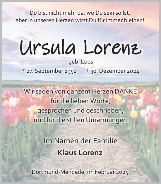 Traueranzeige von Ursula Lorenz von Ruhr Nachrichten