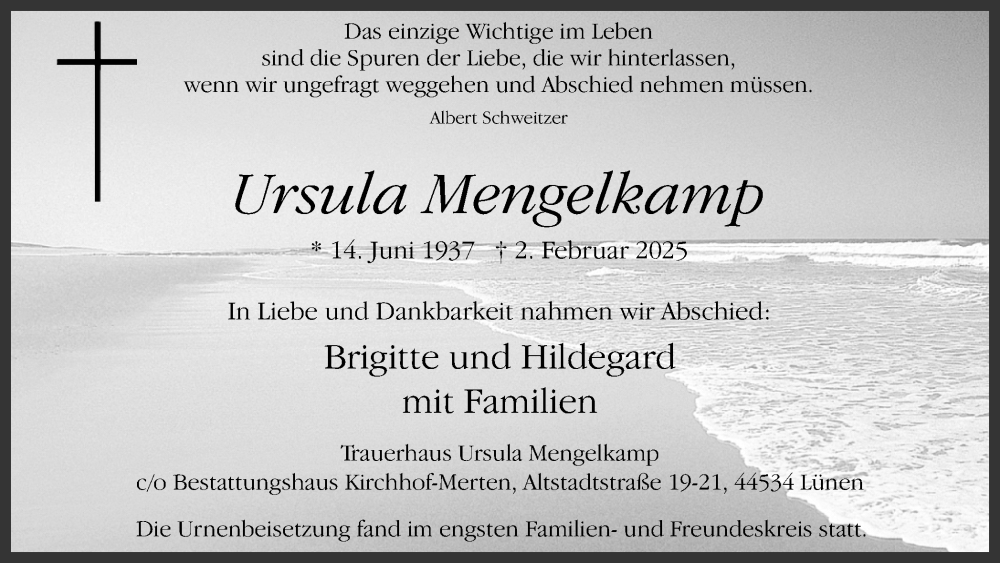  Traueranzeige für Ursula Mengelkamp vom 22.02.2025 aus Lüner Anzeiger