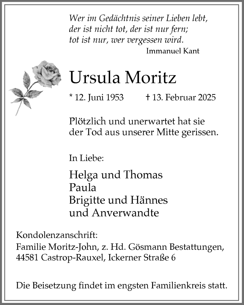  Traueranzeige für Ursula Moritz vom 22.02.2025 aus Stadtanzeiger Castrop-Rauxel