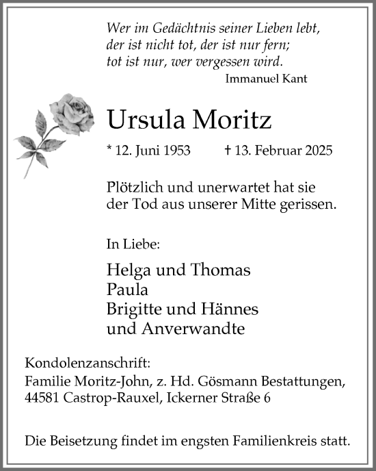 Traueranzeige von Ursula Moritz von Stadtanzeiger Castrop-Rauxel