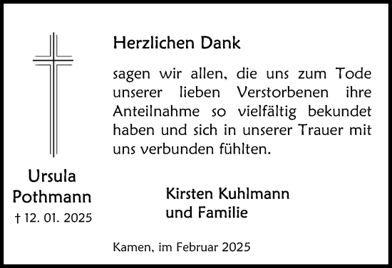 Traueranzeige von Ursula Pothmann von Hellweger Anzeiger