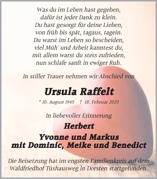 Traueranzeige von Ursula Raffelt von Ruhr Nachrichten und Dorstener Zeitung