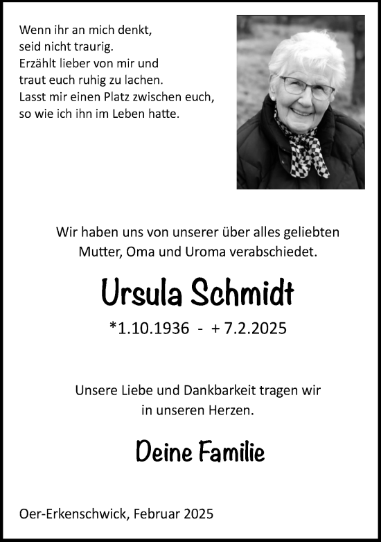 Traueranzeige von Ursula Schmidt von Trauer Vest