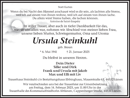 Traueranzeige von Ursula Steinkuhl von Ruhr Nachrichten