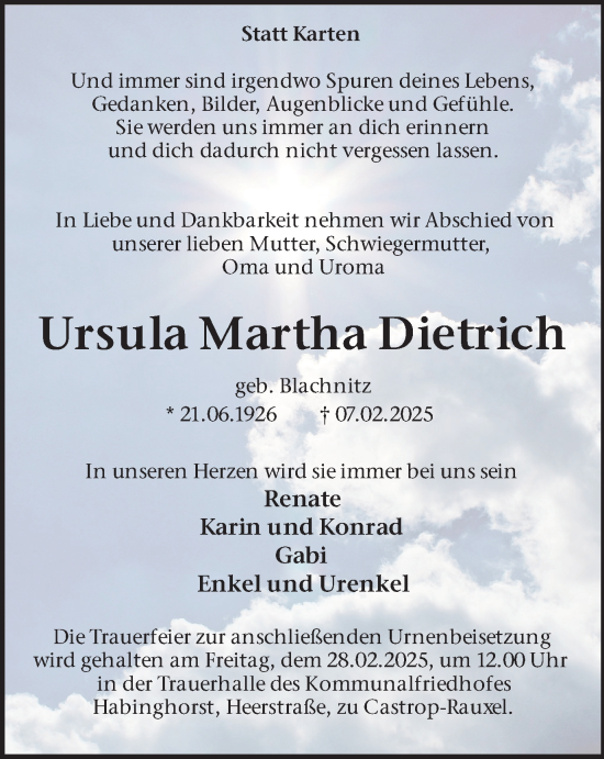 Traueranzeige von Ursula Martha Dietrich von Stadtanzeiger Castrop-Rauxel