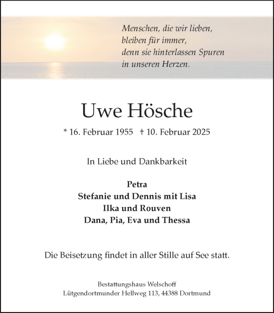 Traueranzeige von Uwe Hösche von Ruhr Nachrichten