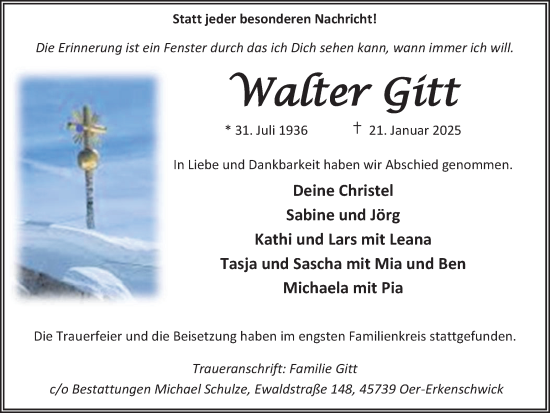 Traueranzeige von Walter Gitt von Trauer Vest