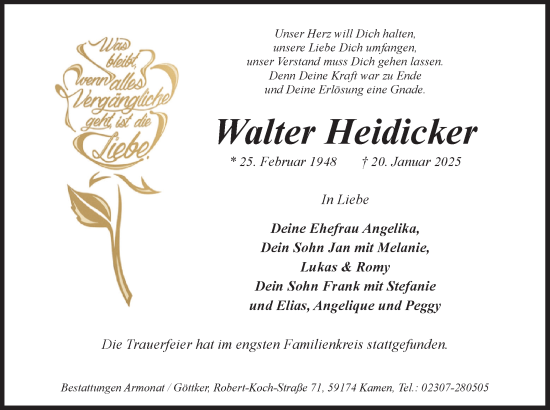 Traueranzeige von Walter Heidicker von Hellweger Anzeiger