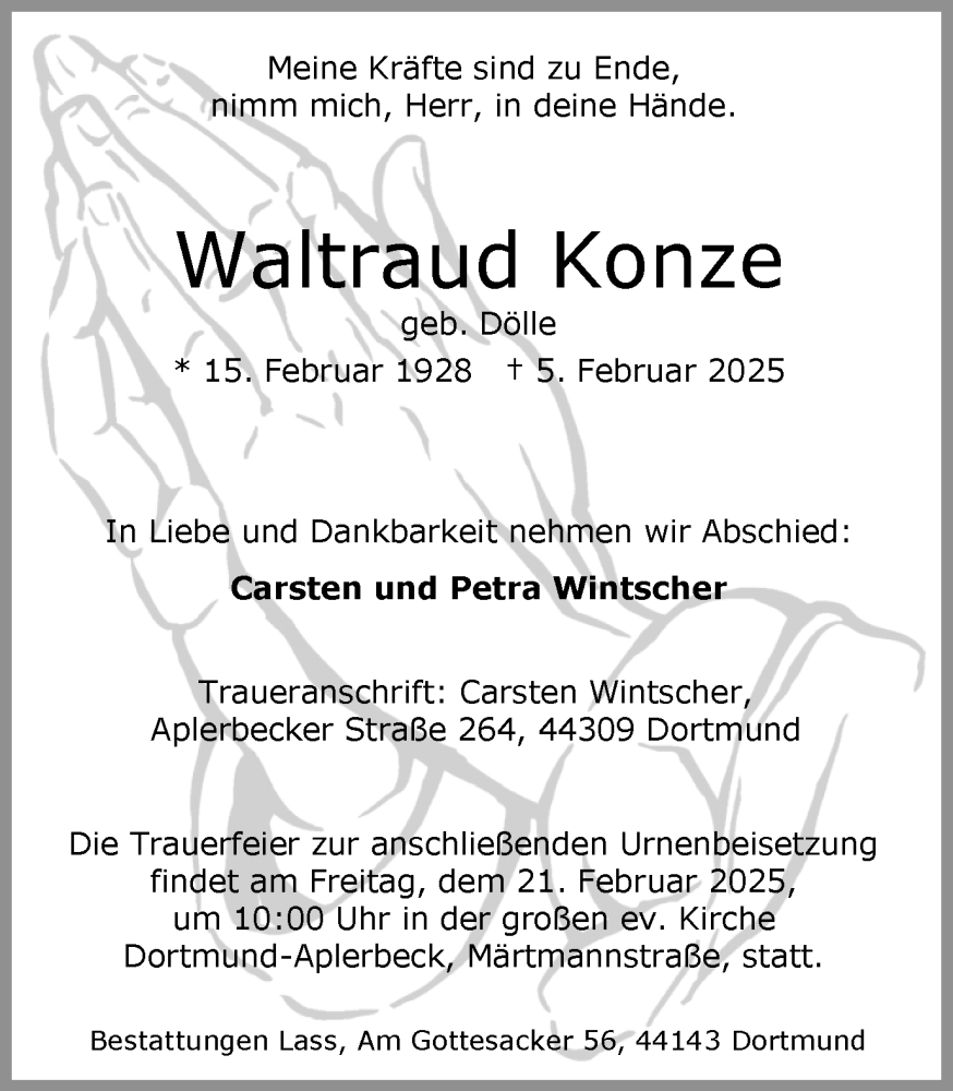  Traueranzeige für Waltraud Konze vom 15.02.2025 aus Ruhr Nachrichten