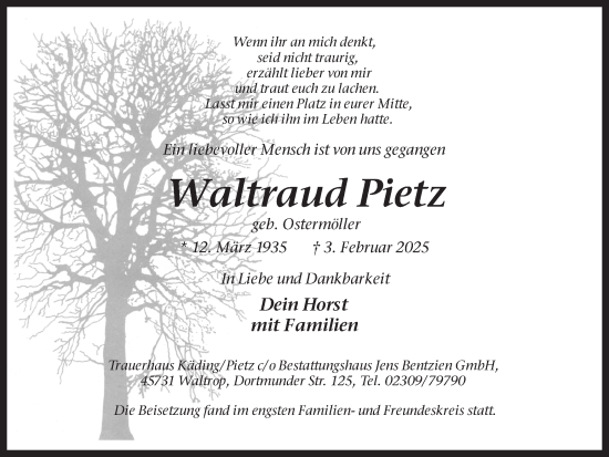 Traueranzeige von Waltraud Pietz von Ruhr Nachrichten