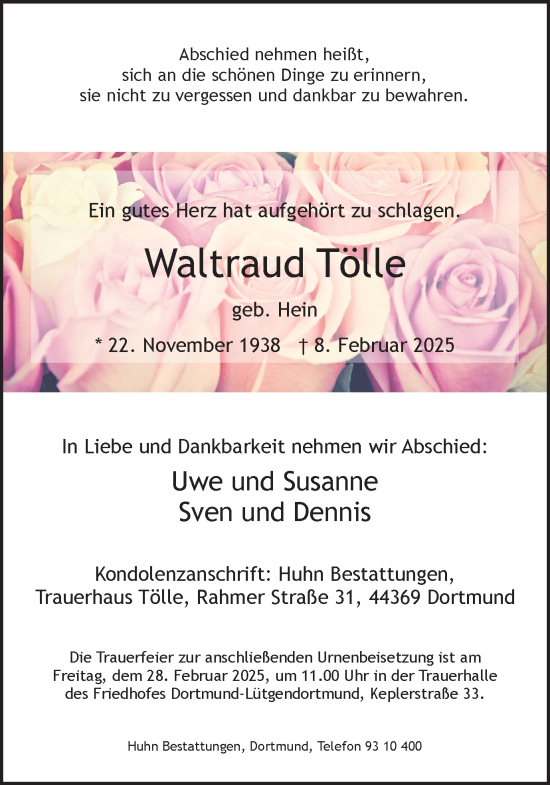 Traueranzeige von Waltraud Tölle von Ruhr Nachrichten